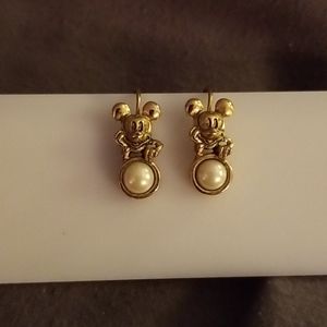 Mickey mouse gold toned earrings with pearl